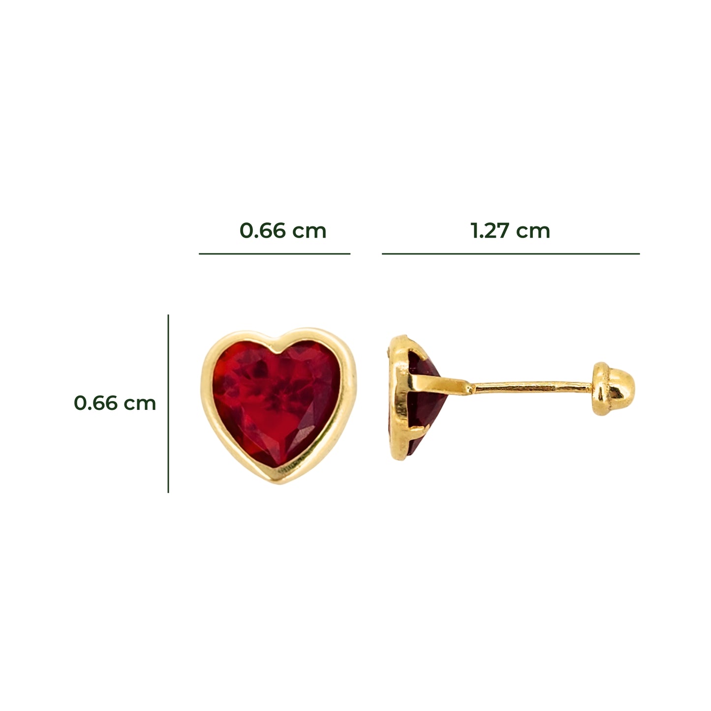 Aretes Oro 10K Broquel Corazón Zirconia Rojo 6 mm o 5 mm a elegir