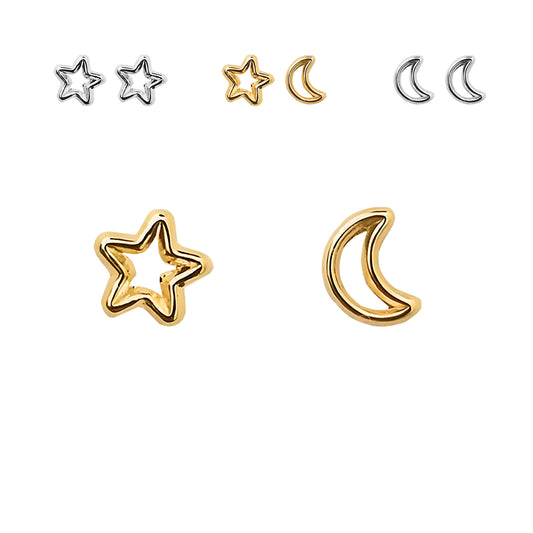 Aretes Luna y Estrella Silueta, Oro 10k