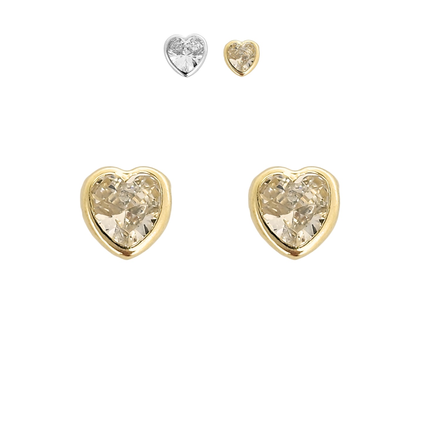 Aretes Oro 10K Broquel Corazón Zirconia Blanco 6 mm o 5 mm a elegir