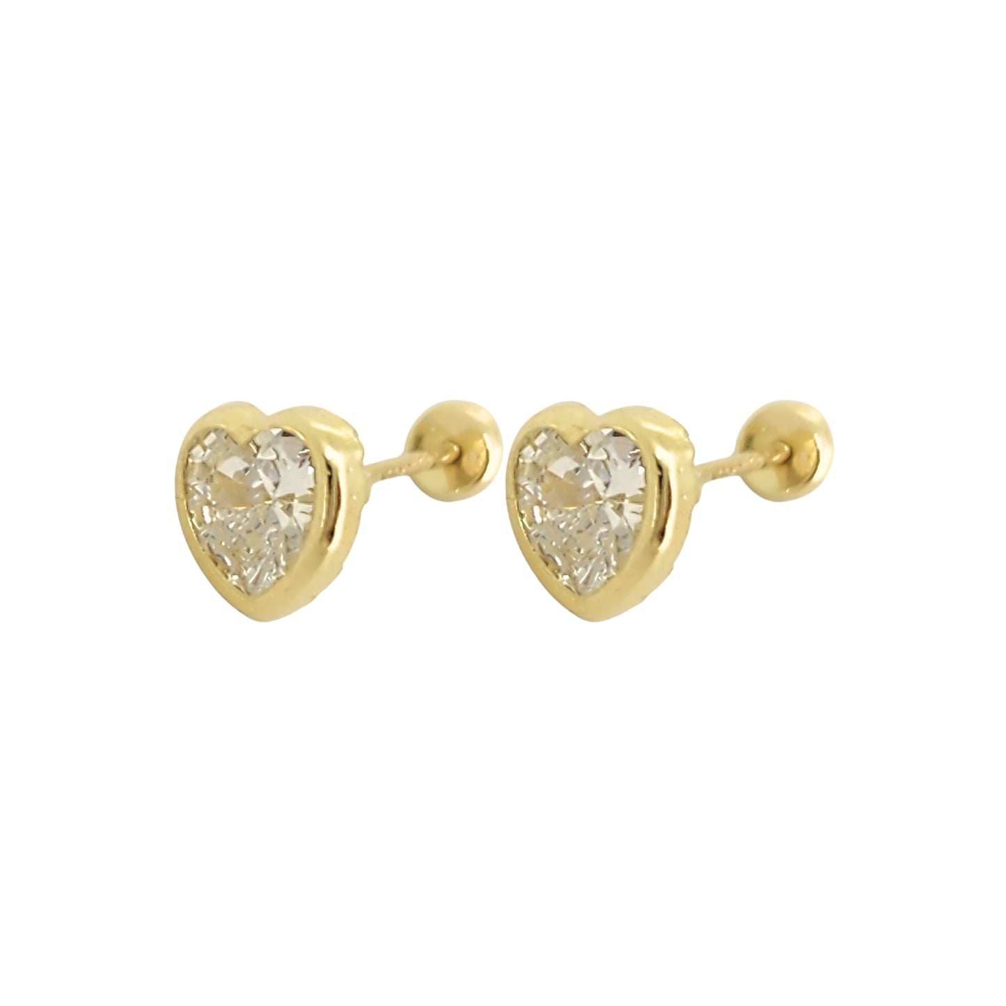 Aretes Oro 10K Broquel Corazón Zirconia Blanco 6 mm o 5 mm a elegir