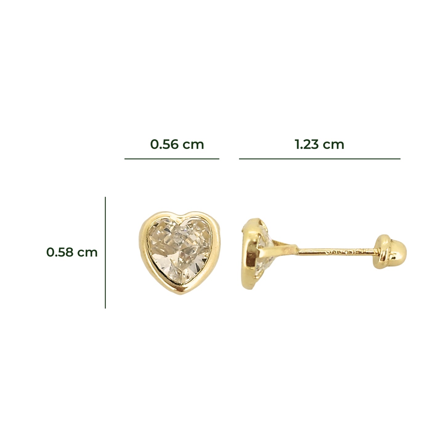 Aretes Oro 10K Broquel Corazón Zirconia Blanco 6 mm o 5 mm a elegir