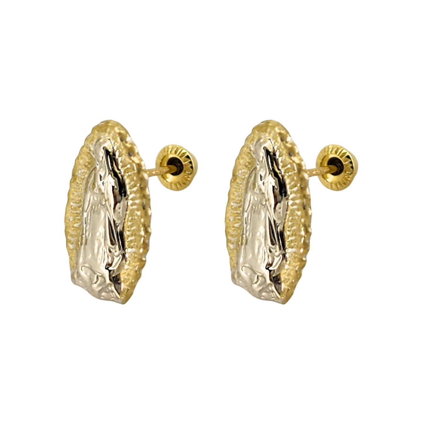 Aretes Oro 10K Broquel Virgen Bicolor