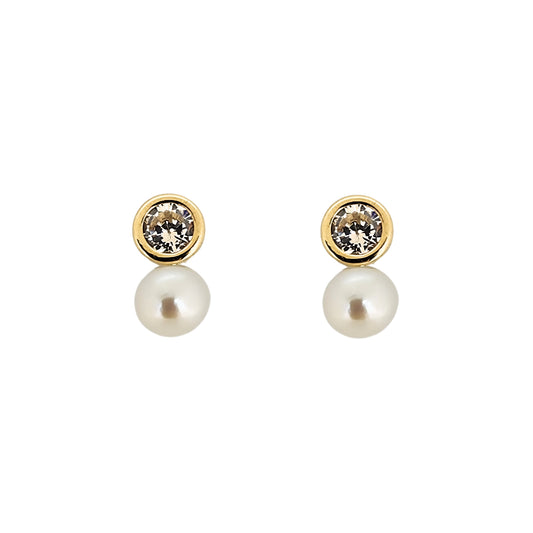 Aretes Zirconia Bisel y Perla Oro 10k, Tipo Broquel