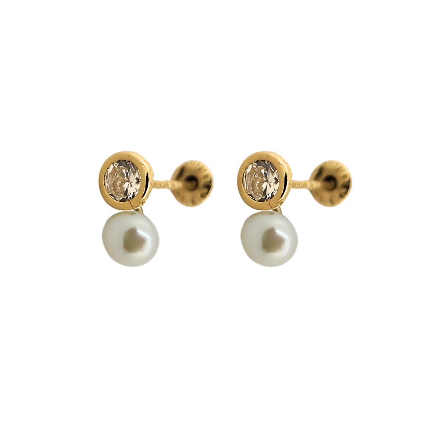 Aretes Zirconia Bisel y Perla Oro 10k, Tipo Broquel