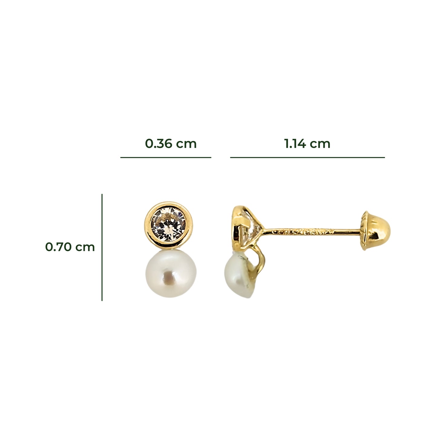 Aretes Zirconia Bisel y Perla Oro 10k, Tipo Broquel