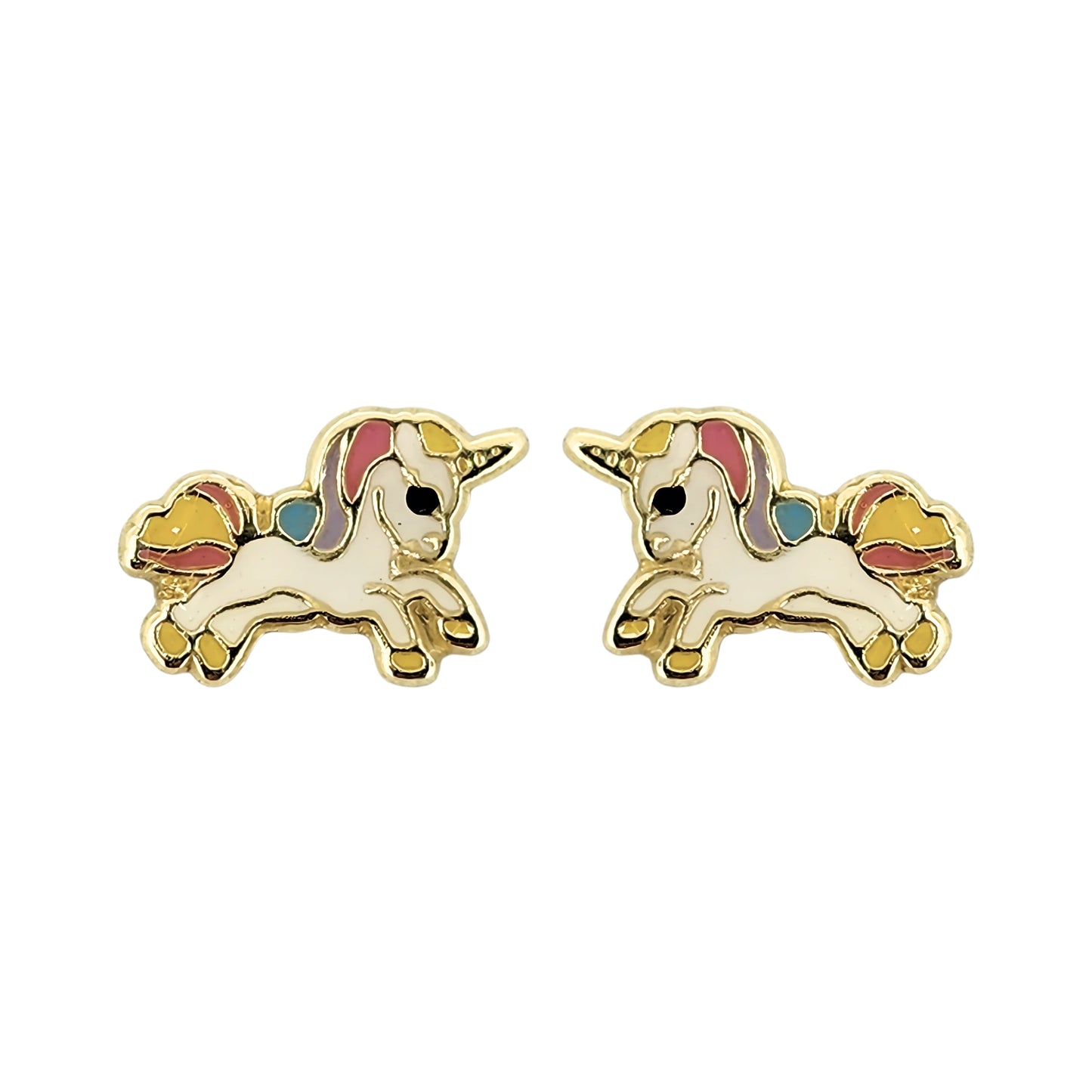 Aretes Unicornio Completo Esmaltado, Oro 10K Tipo Broquel