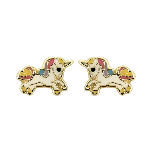 Aretes Unicornio Completo Esmaltado, Oro 10K Tipo Broquel