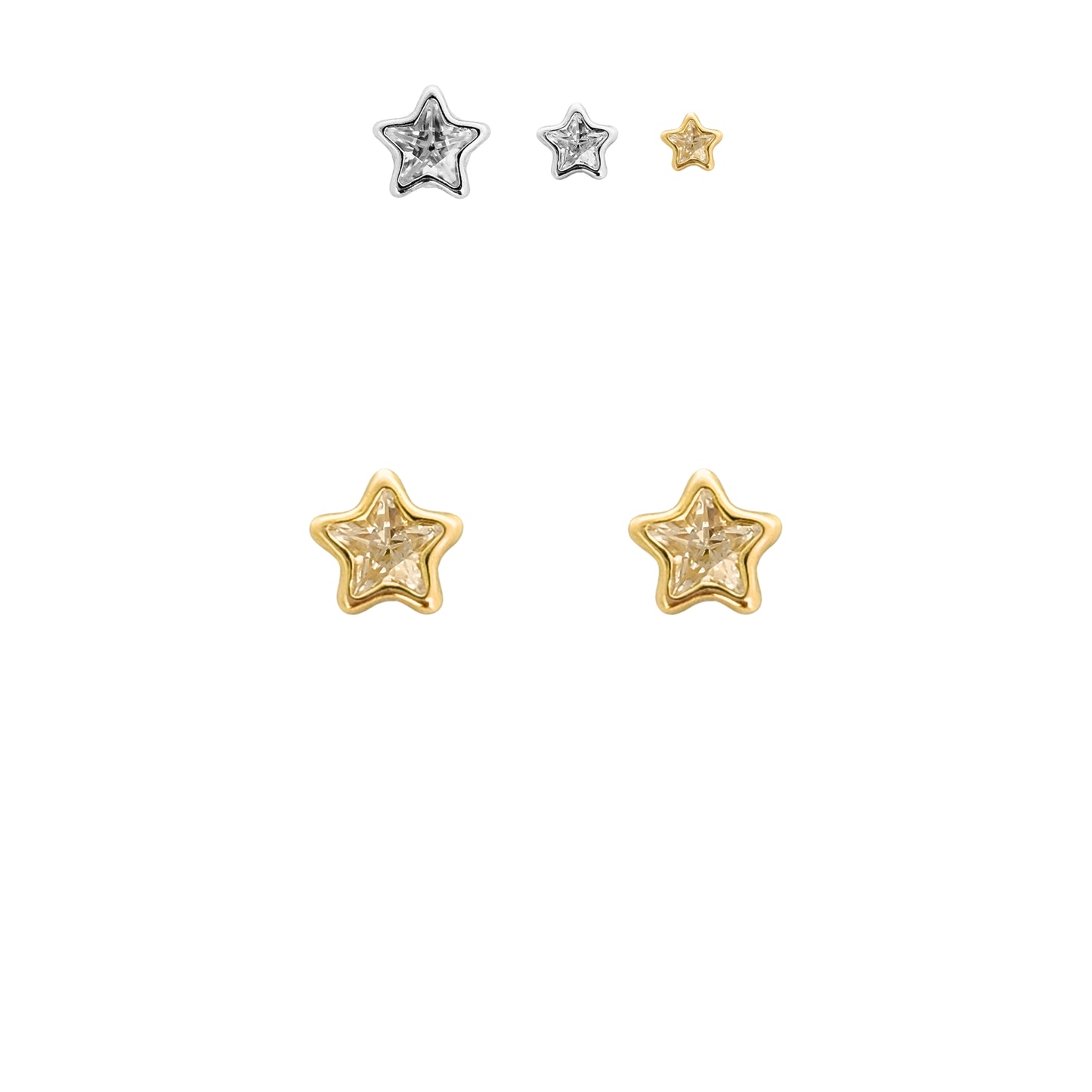Aretes Oro 10K Broquel Estrella Zirconia 3, 4 o 6 mm a elegir