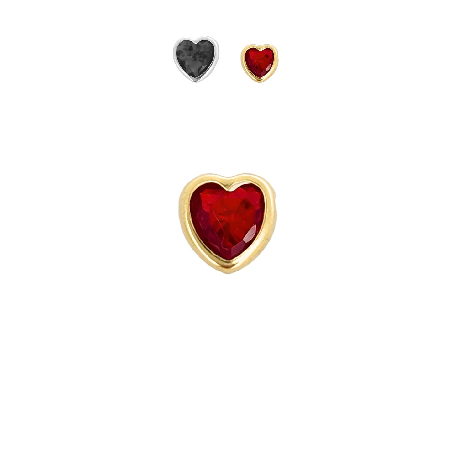 Aretes Oro 10K Broquel Corazón Zirconia Rojo 6 mm o 5 mm a elegir