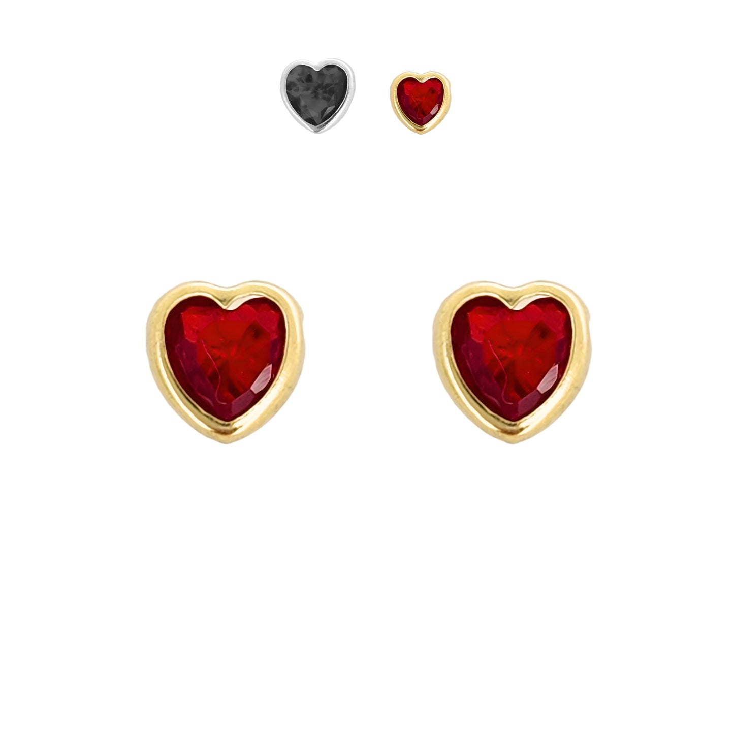 Aretes Oro 10K Broquel Corazón Zirconia Rojo 6 mm o 5 mm a elegir