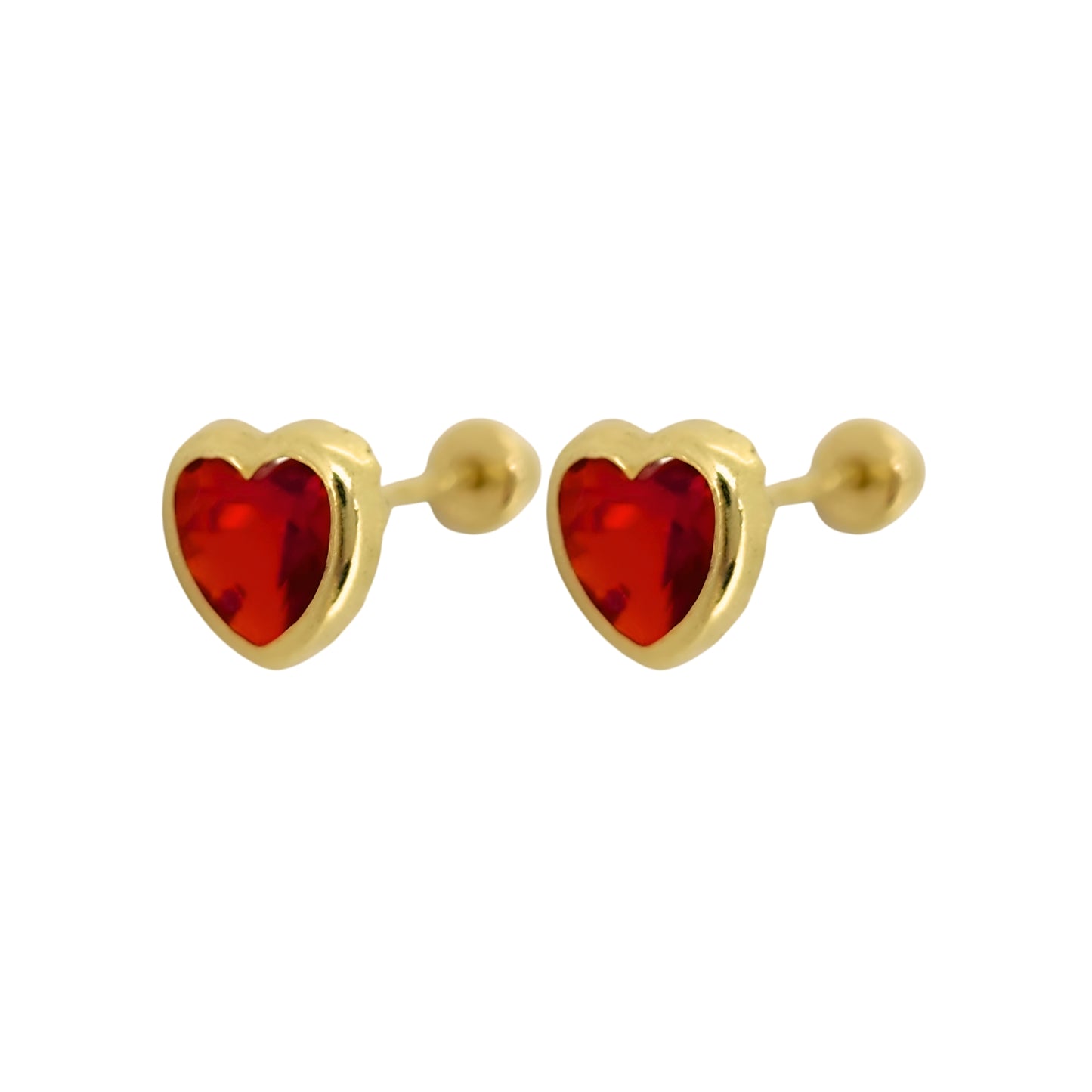 Aretes Oro 10K Broquel Corazón Zirconia Rojo 6 mm o 5 mm a elegir