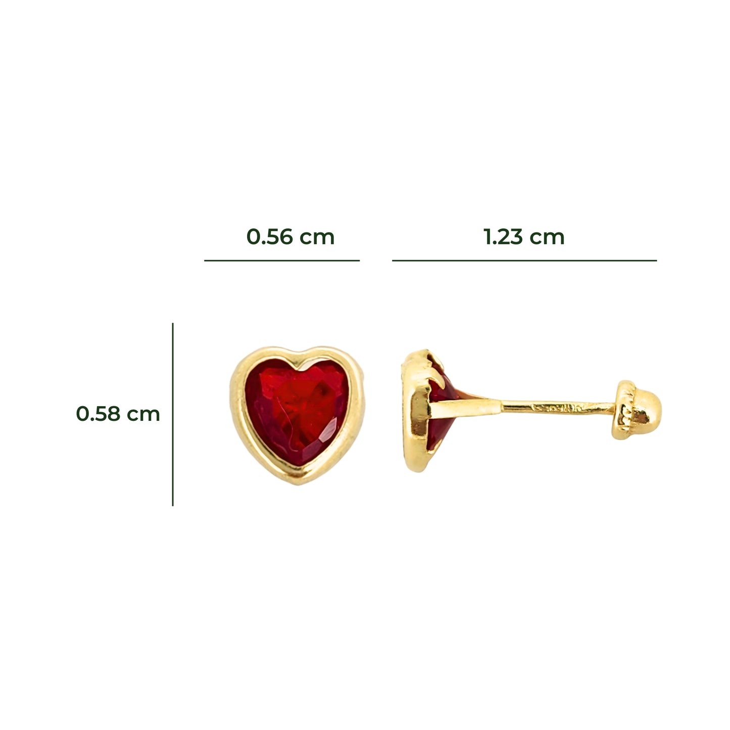 Aretes Oro 10K Broquel Corazón Zirconia Rojo 6 mm o 5 mm a elegir