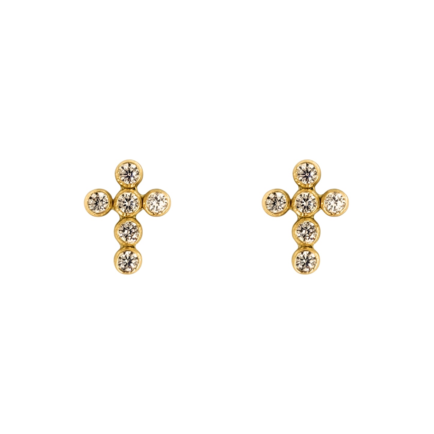 Aretes Oro 10K Broquel Cruz Zirconia Mini Bisel
