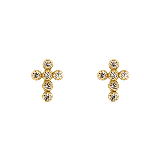 Aretes Oro 10K Broquel Cruz Zirconia Mini Bisel