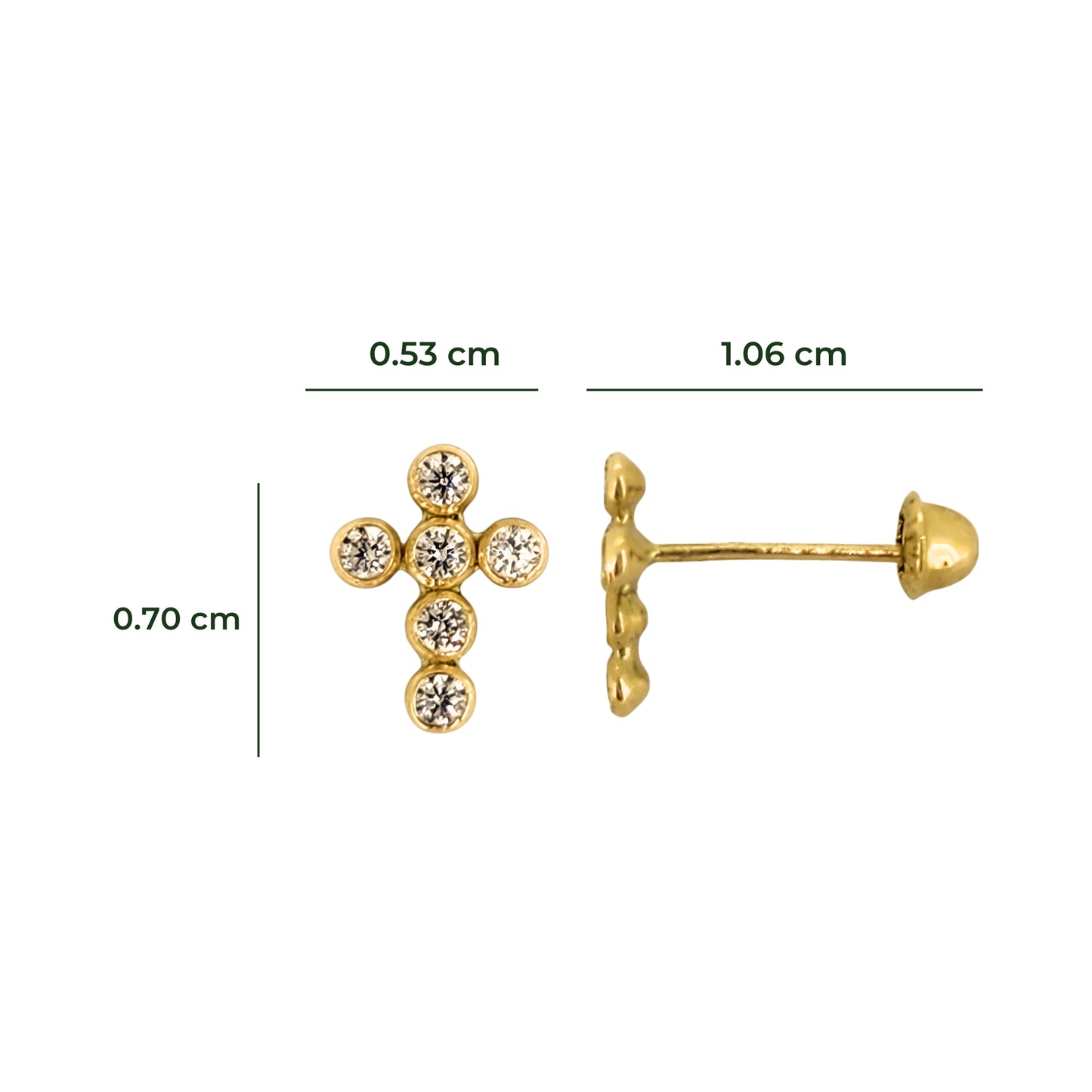 Aretes Oro 10K Broquel Cruz Zirconia Mini Bisel