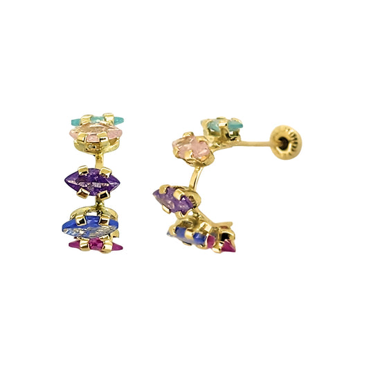 Aretes Oro 10K Broquel Huggie Con Zirconias Marquise de Colores