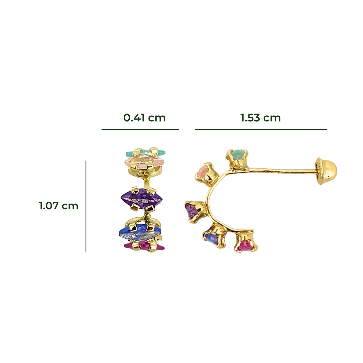 Aretes Oro 10K Broquel Huggie Con Zirconias Marquise de Colores