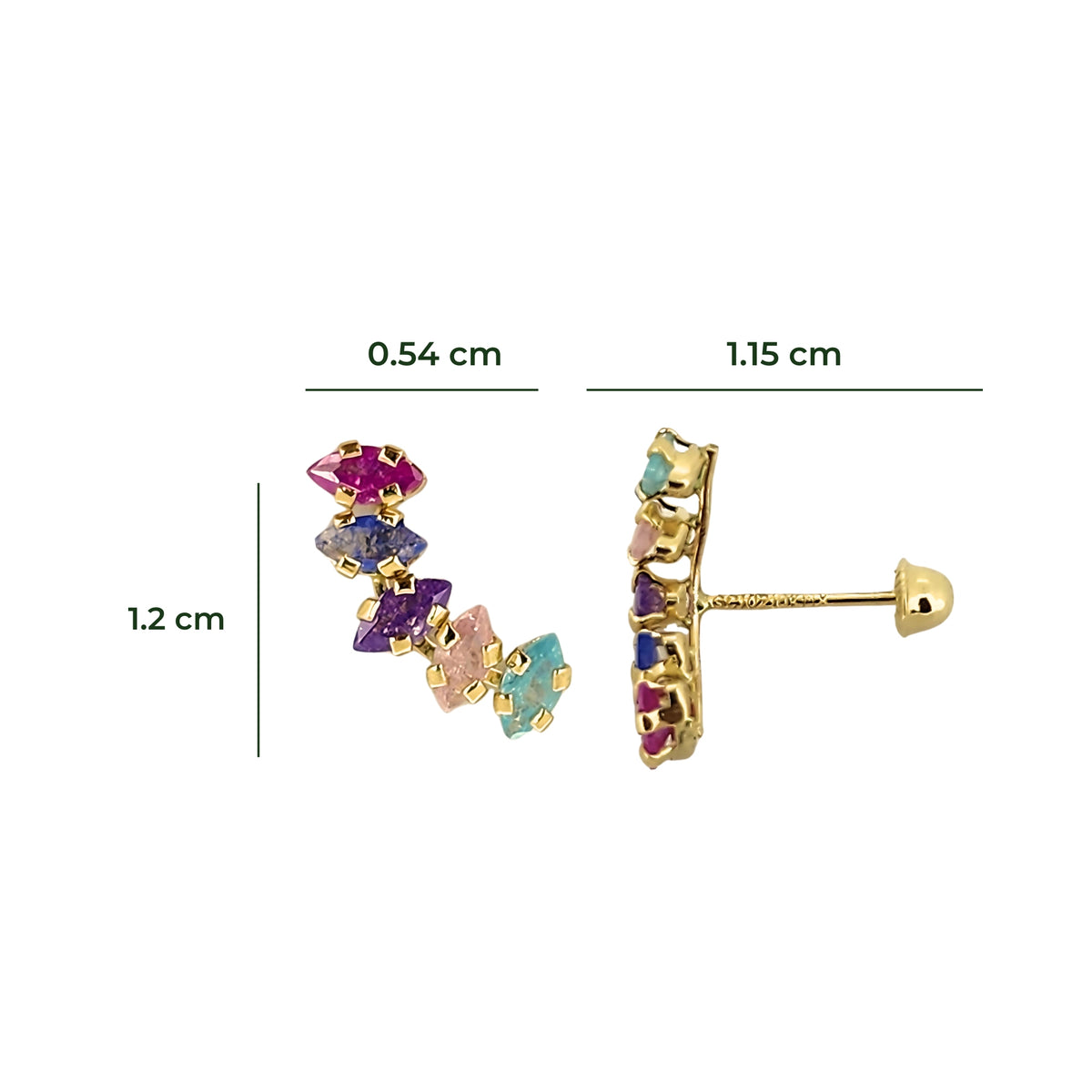 Aretes Oro 10K Broquel Lambada con Zirconias Marquise de Colores