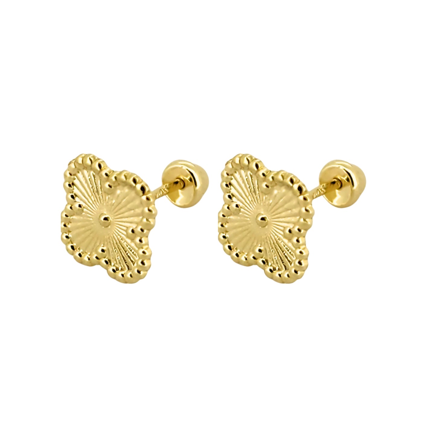 Aretes Oro 10K Broquel Trébol Rayado