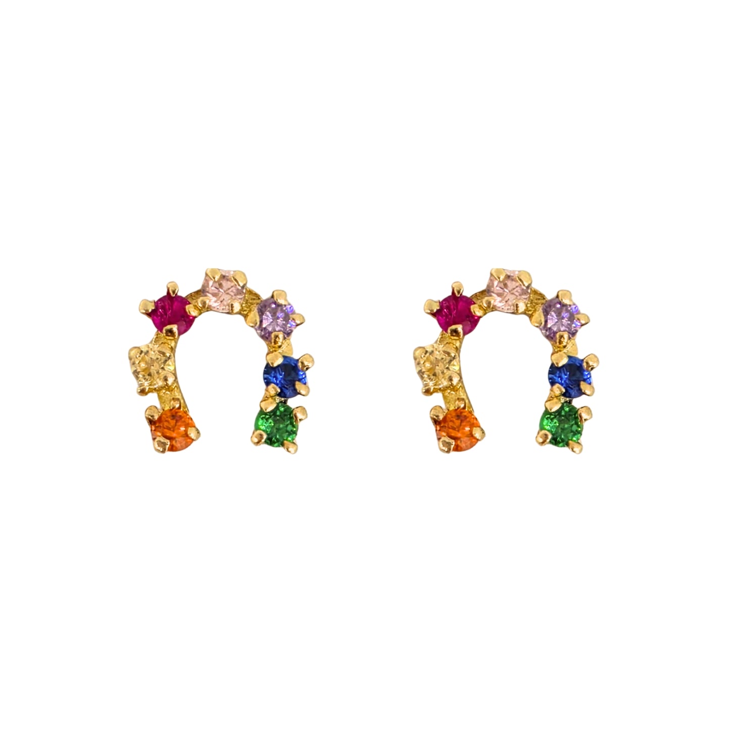 Aretes Oro 10K Broquel Herradura Zirconias de Colores