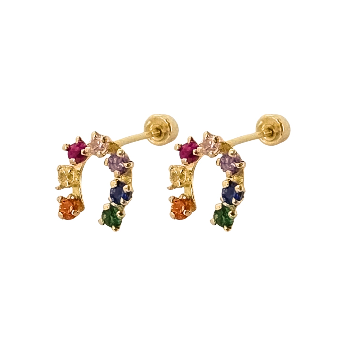 Aretes Oro 10K Broquel Herradura Zirconias de Colores