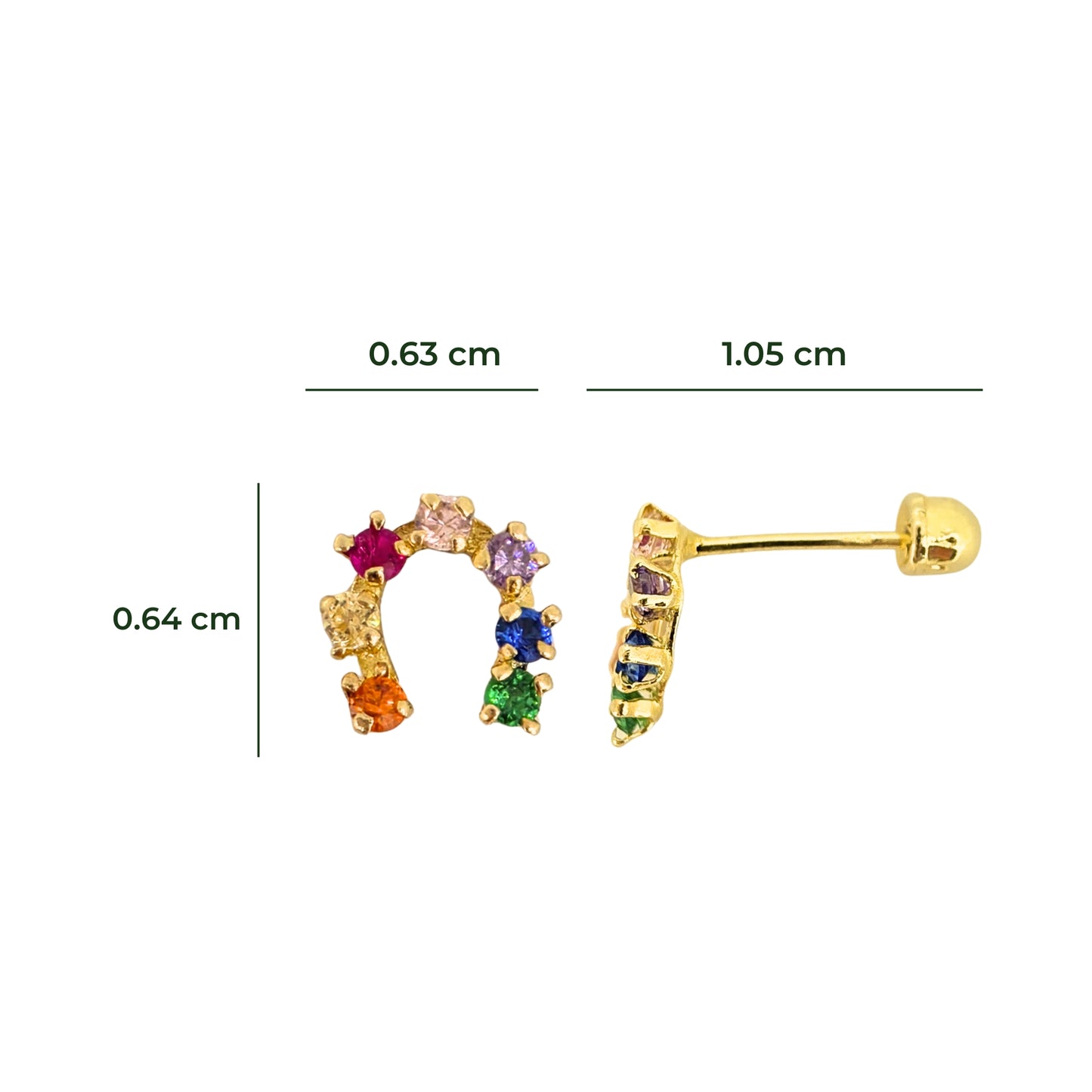 Aretes Oro 10K Broquel Herradura Zirconias de Colores