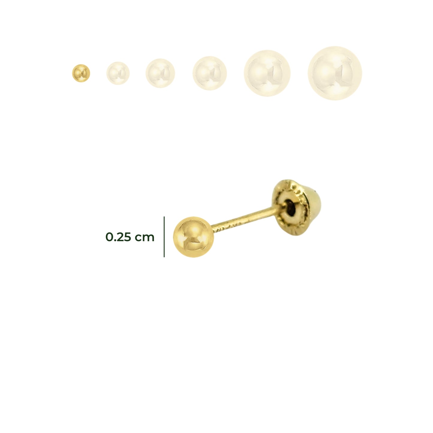 Aretes Oro 10K Broquel Esfera Dormilona Amarilla Tamaño a Elegir de 2.5 a 7 mm