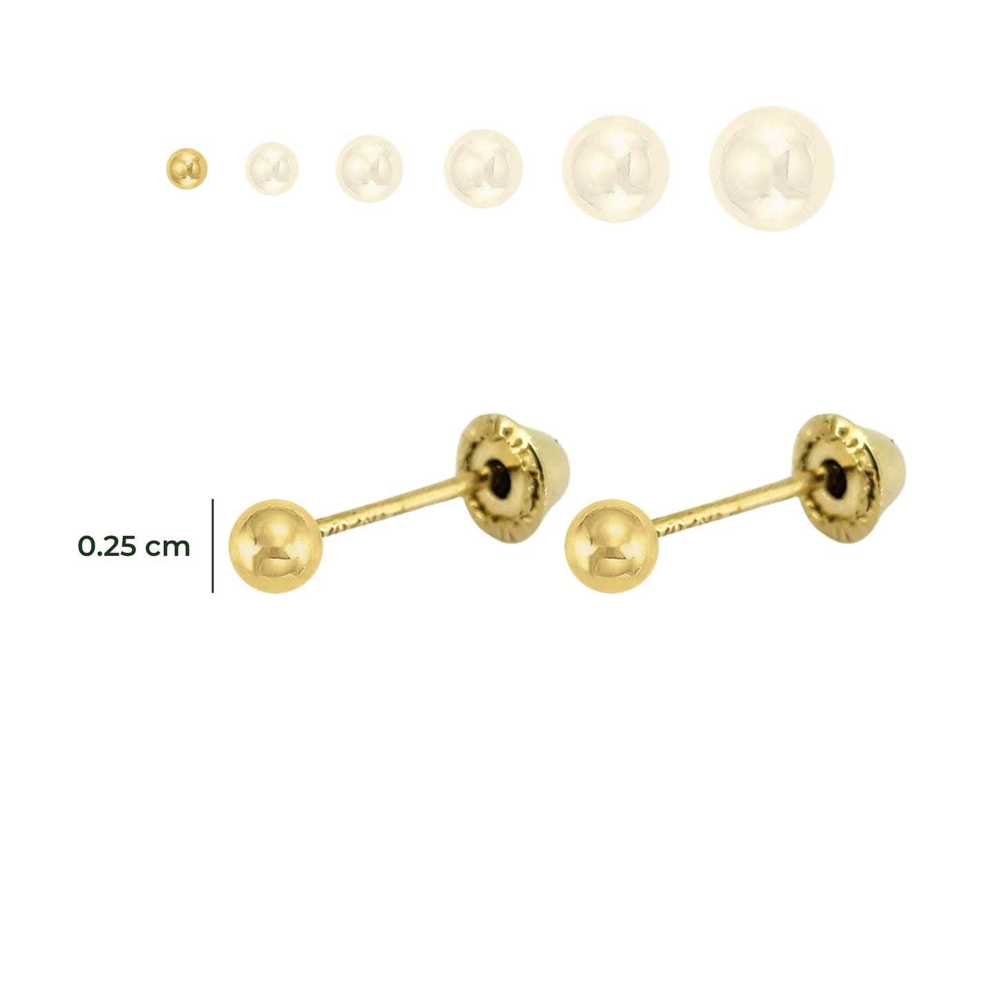 Aretes Oro 10K Broquel Esfera Dormilona Amarilla Tamaño a Elegir de 2.5 a 7 mm