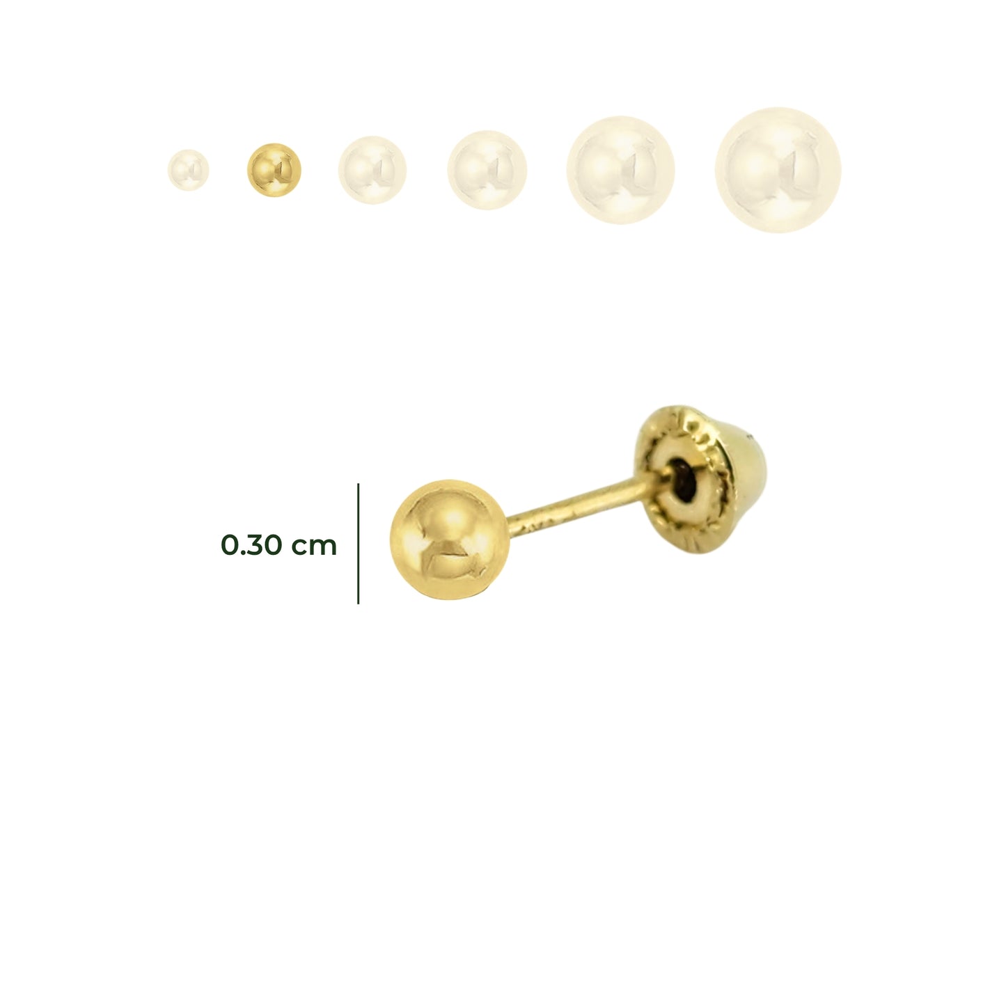 Aretes Oro 10K Broquel Esfera Dormilona Amarilla Tamaño a Elegir de 2.5 a 7 mm