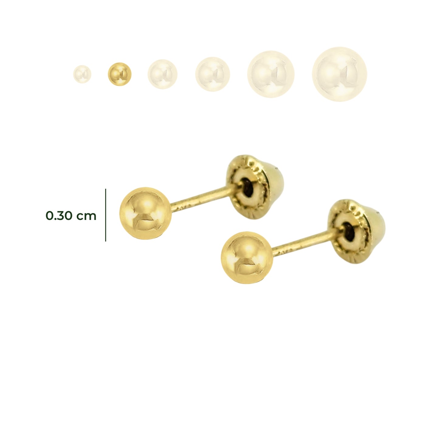 Aretes Oro 10K Broquel Esfera Dormilona Amarilla Tamaño a Elegir de 2.5 a 7 mm