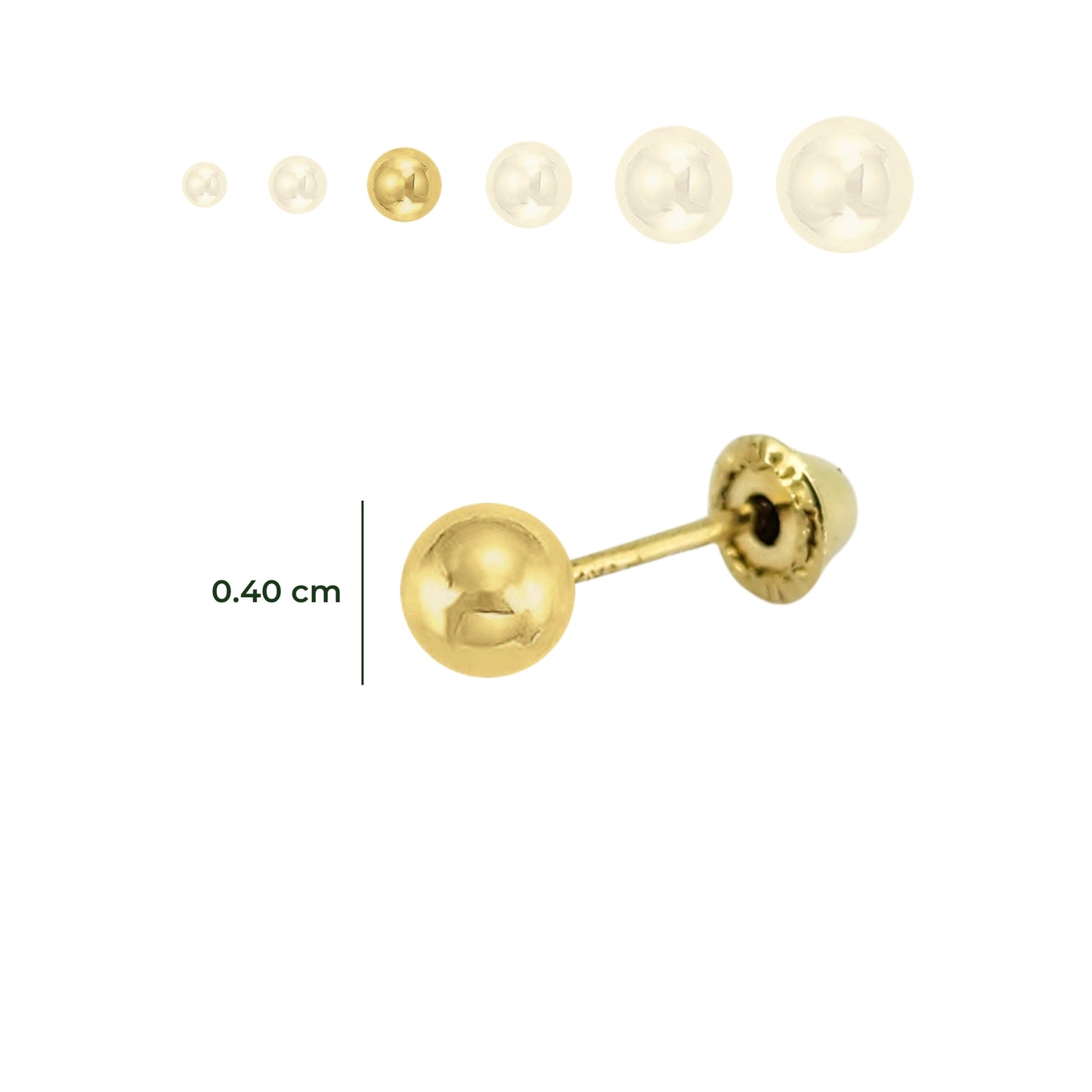 Aretes Oro 10K Broquel Esfera Dormilona Amarilla Tamaño a Elegir de 2.5 a 7 mm