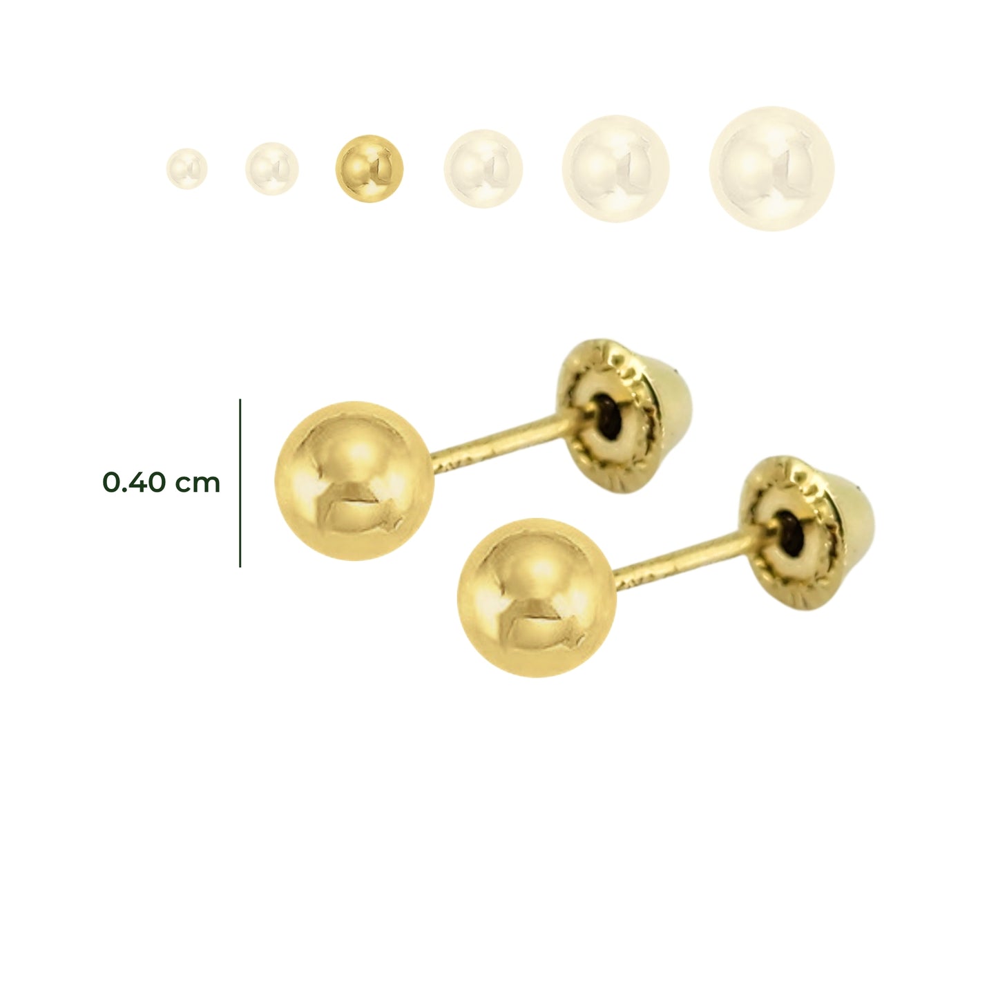 Aretes Oro 10K Broquel Esfera Dormilona Amarilla Tamaño a Elegir de 2.5 a 7 mm