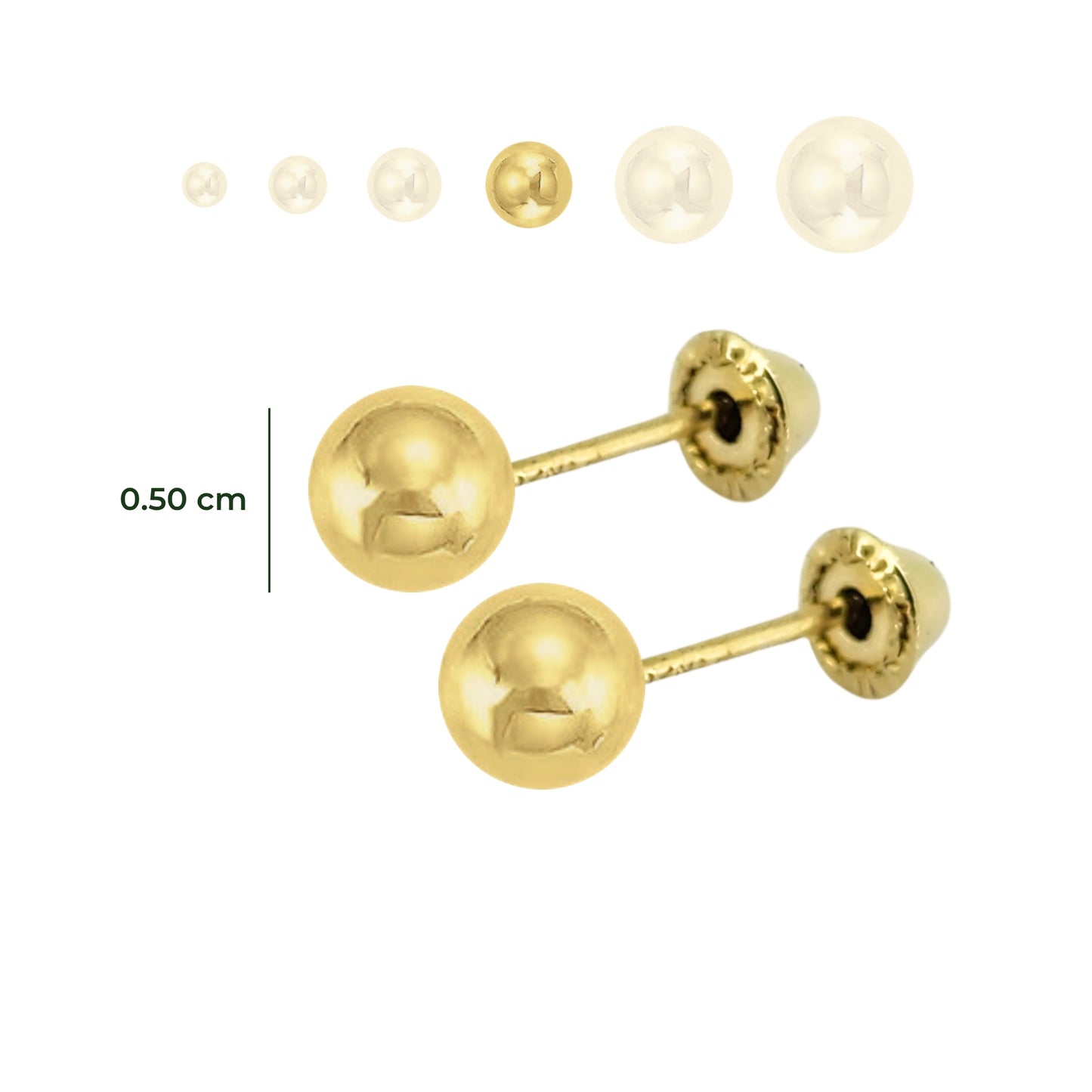 Aretes Oro 10K Broquel Esfera Dormilona Amarilla Tamaño a Elegir de 2.5 a 7 mm