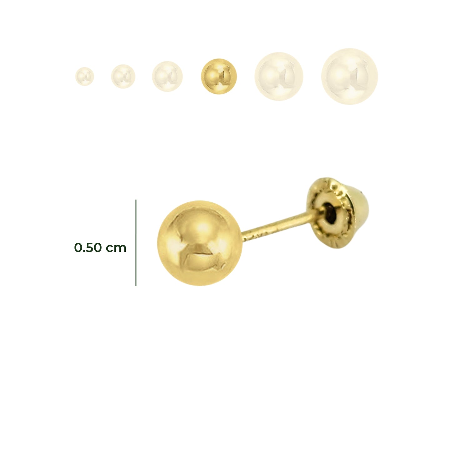 Aretes Oro 10K Broquel Esfera Dormilona Amarilla Tamaño a Elegir de 2.5 a 7 mm