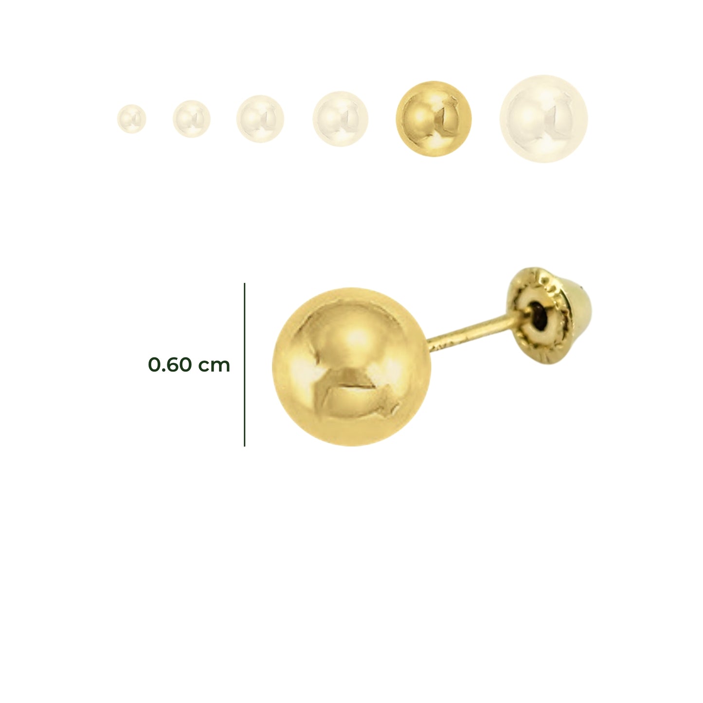Aretes Oro 10K Broquel Esfera Dormilona Amarilla Tamaño a Elegir de 2.5 a 7 mm