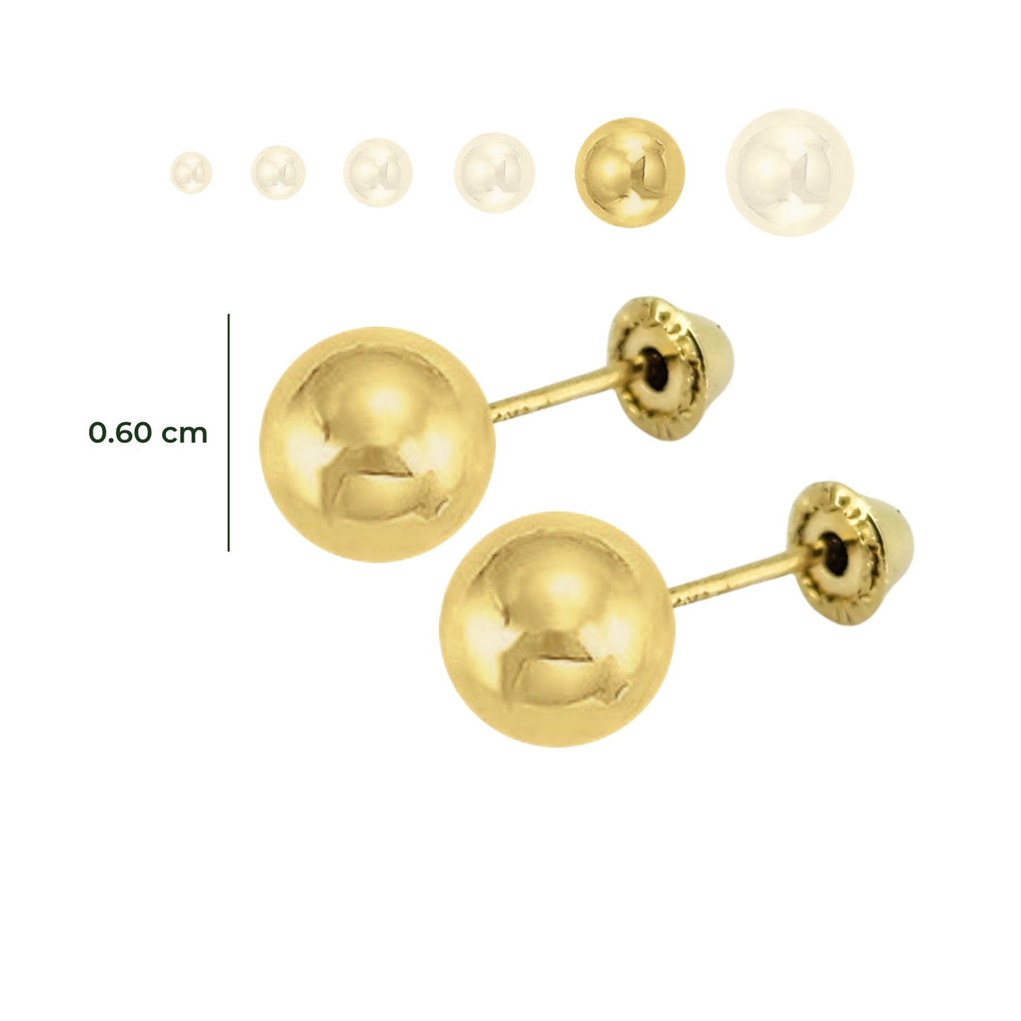Aretes Oro 10K Broquel Esfera Dormilona Amarilla Tamaño a Elegir de 2.5 a 7 mm