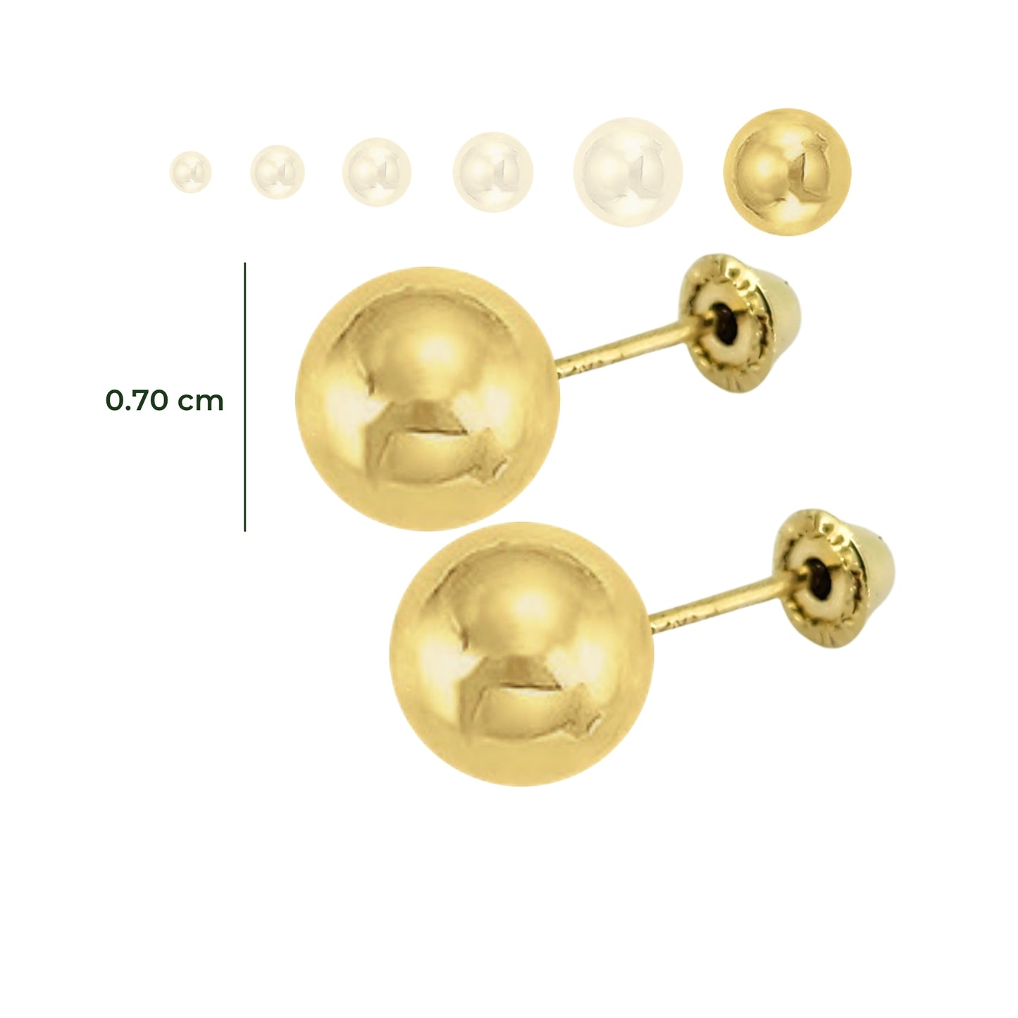 Aretes Oro 10K Broquel Esfera Dormilona Amarilla Tamaño a Elegir de 2.5 a 7 mm