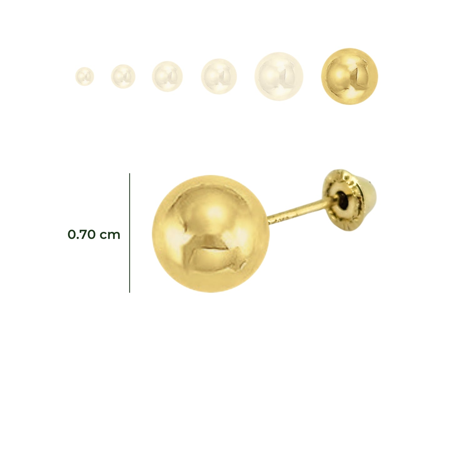 Aretes Oro 10K Broquel Esfera Dormilona Amarilla Tamaño a Elegir de 2.5 a 7 mm