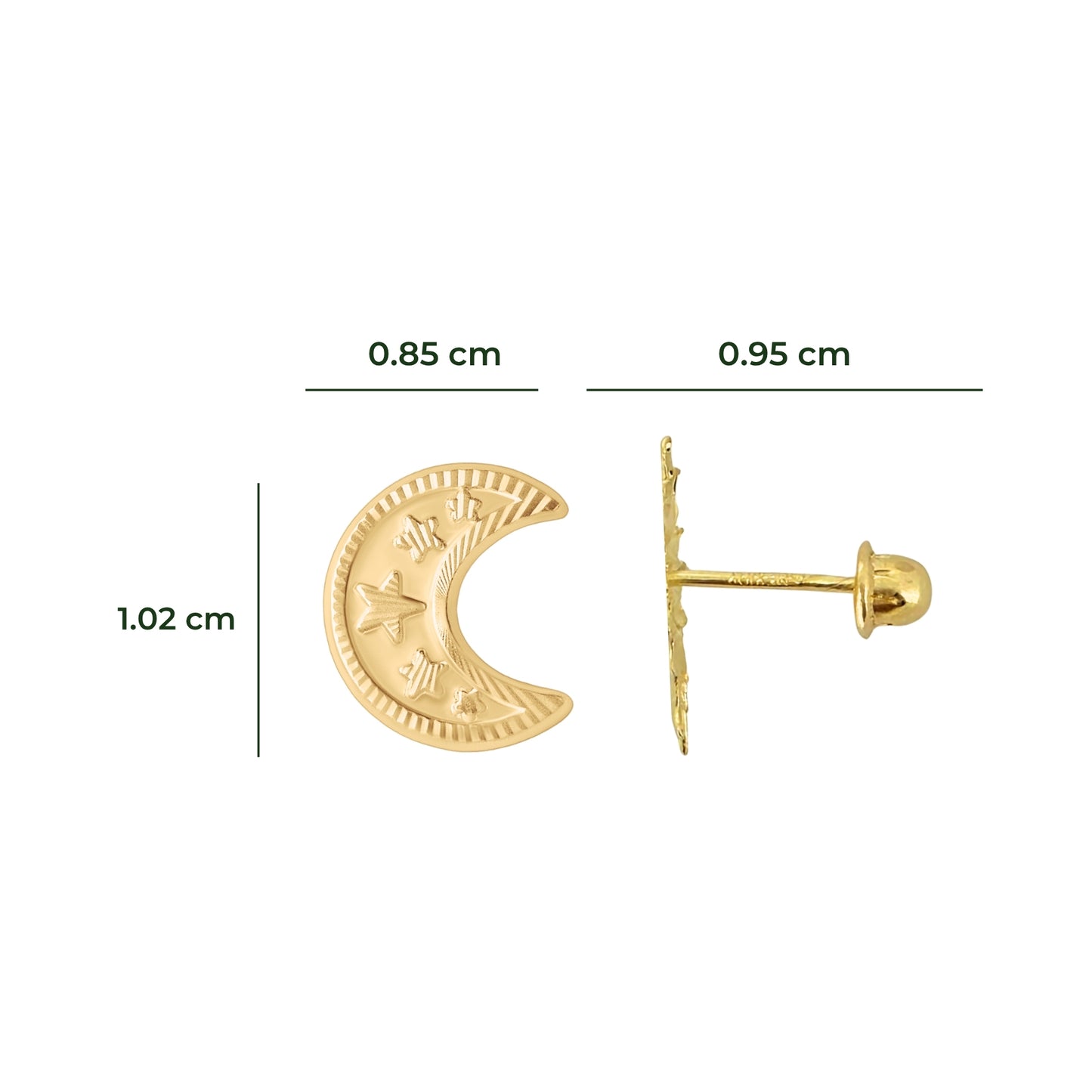 Aretes Oro 10K Broquel Luna Diamantada Estrellitas