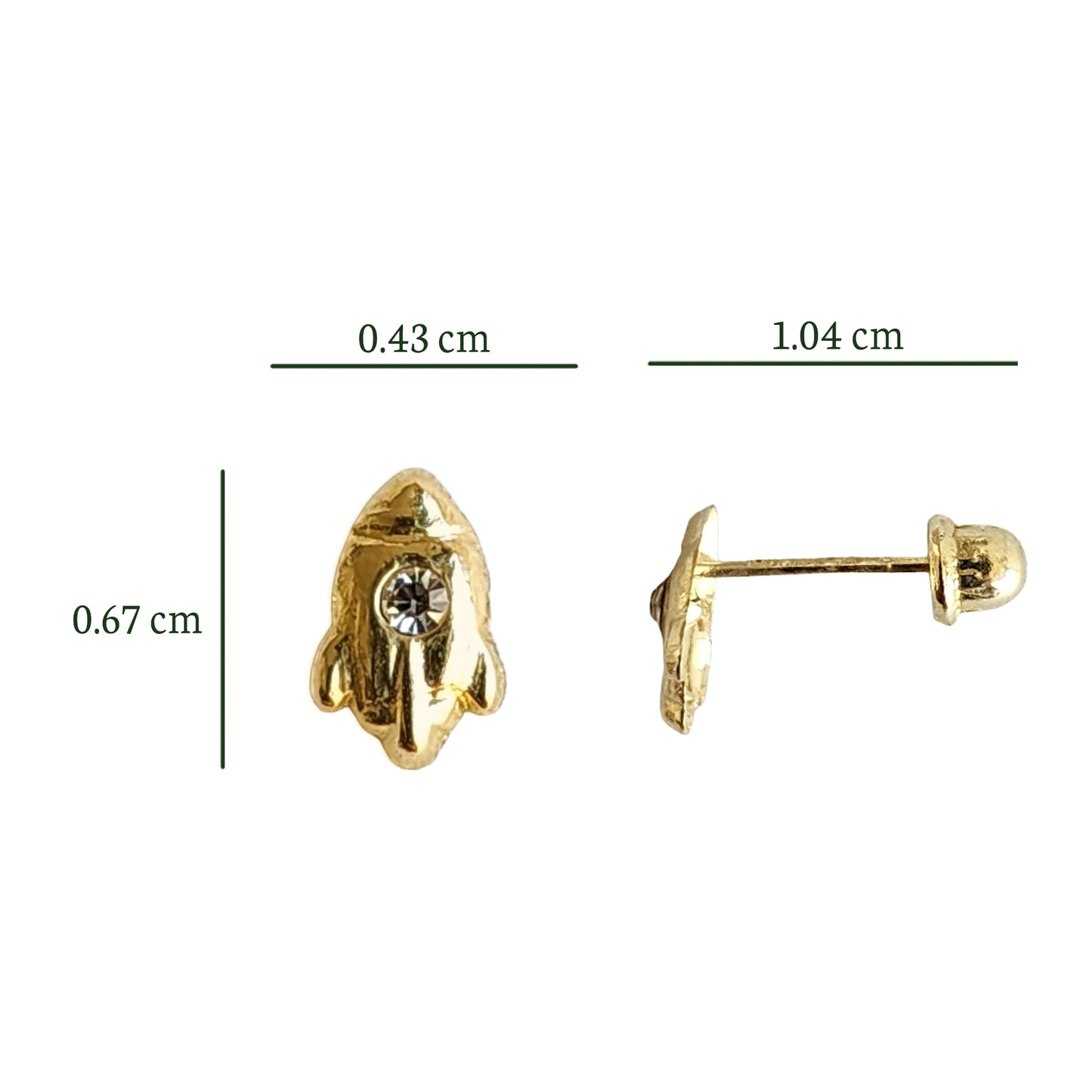 Aretes Cohete Mini Zirconia, Oro 10K Tipo Broquel