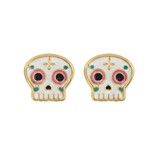 Aretes Oro 10K Broquel Calavera Esmaltada