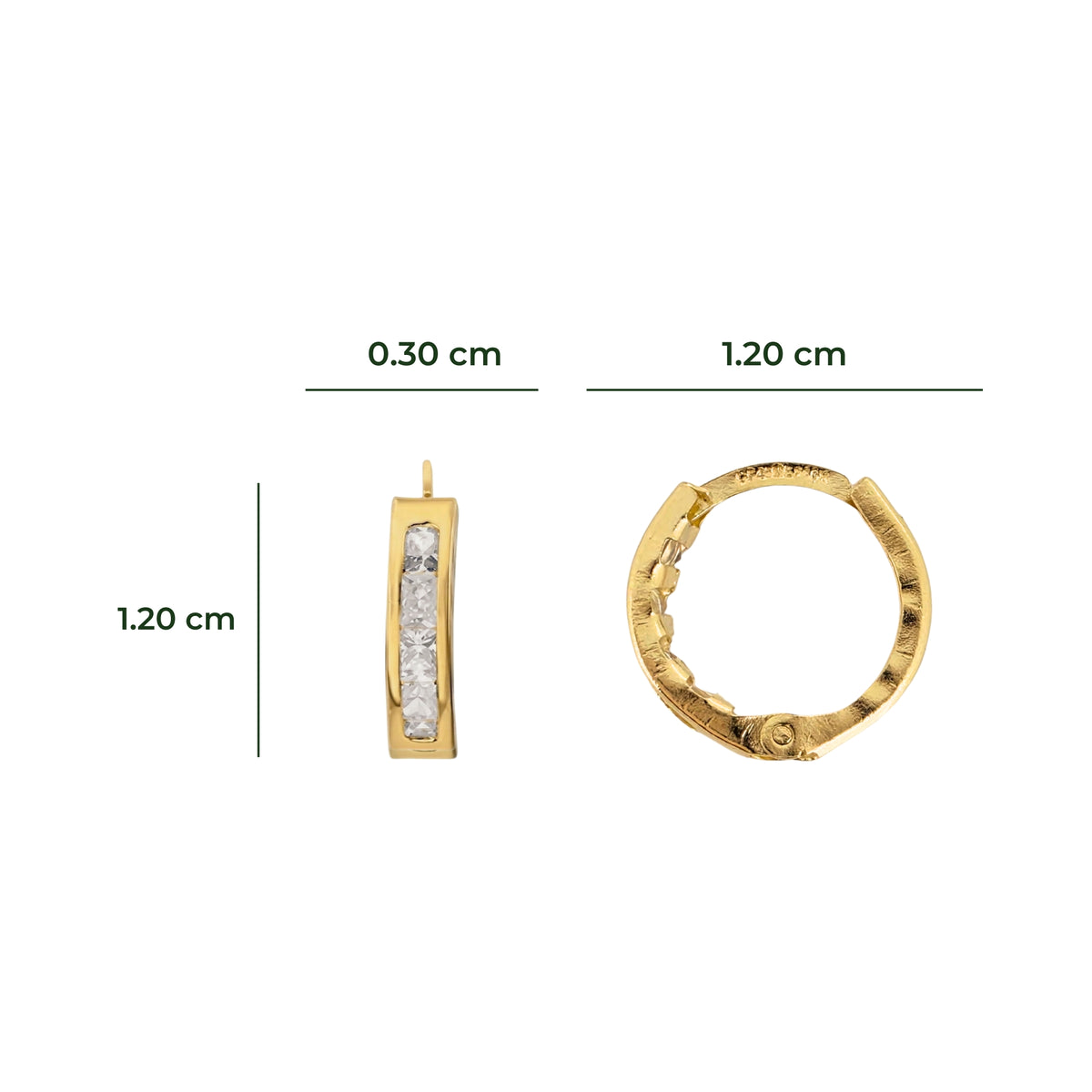 Aretes Oro 10K Broquel Huggie 12 mm Zirconias Blancas