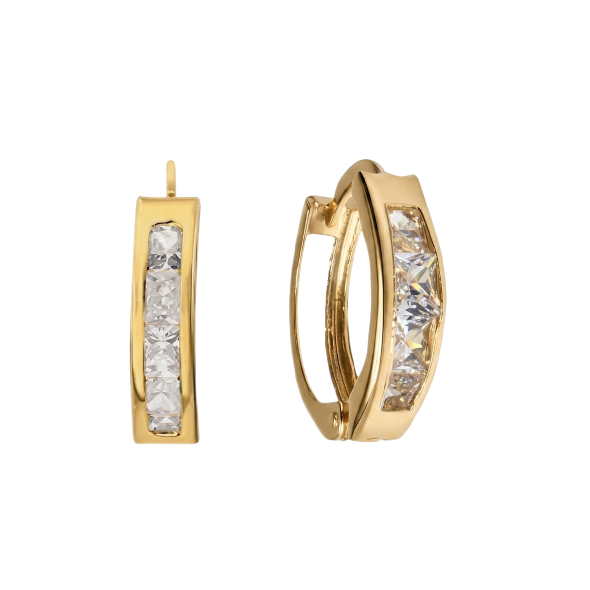 Aretes Oro 10K Broquel Huggie 12 mm Zirconias Blancas