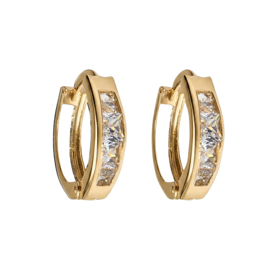 Aretes Oro 10K Broquel Huggie 12 mm Zirconias Blancas