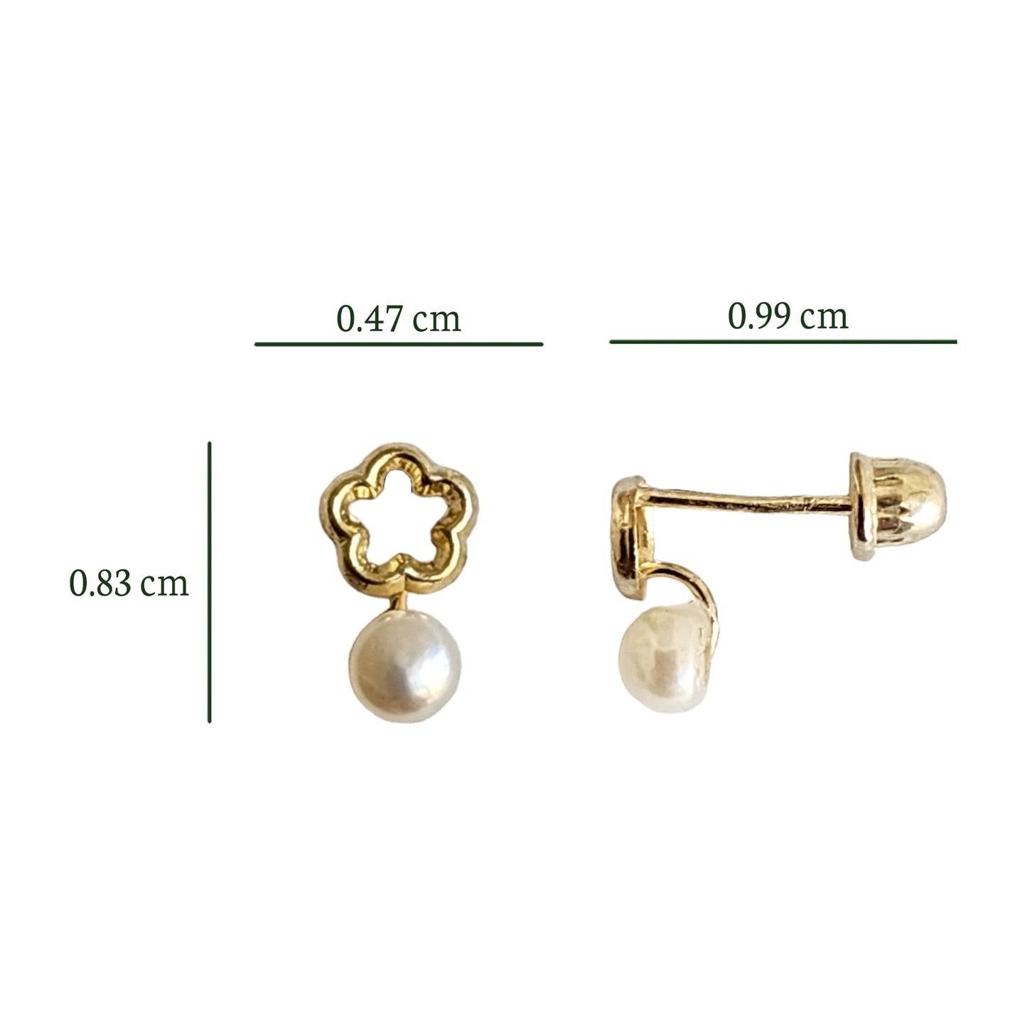 Aretes Flor Silueta Perla Mini, Oro 10K Tipo Broquel