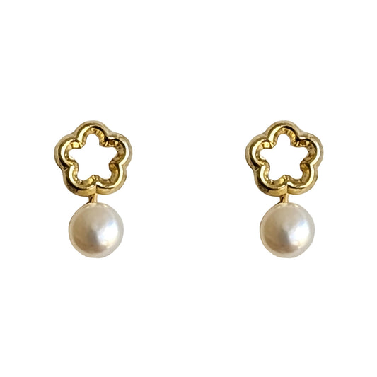 Aretes Flor Silueta Perla Mini, Oro 10K Tipo Broquel