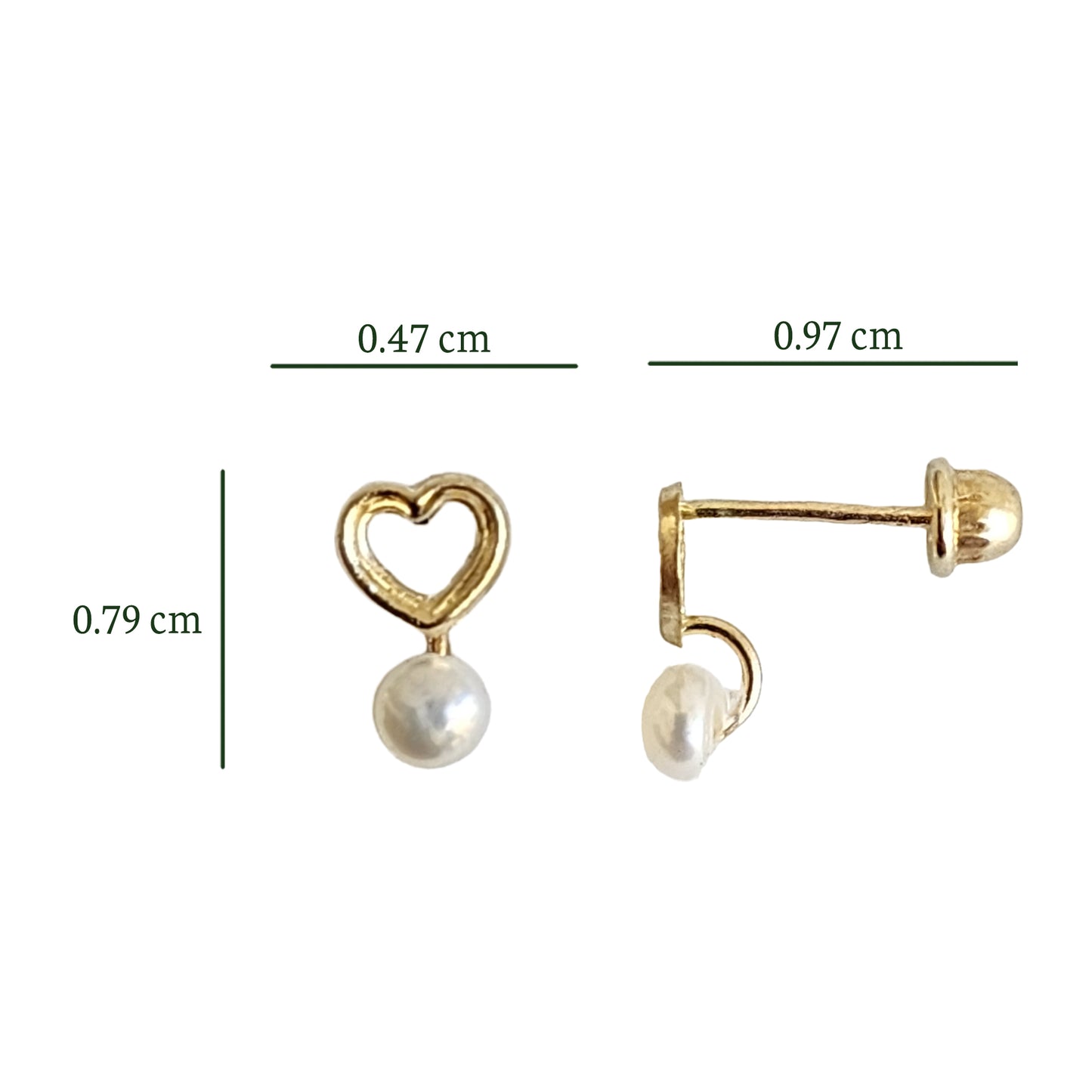 Aretes Corazón Silueta y Perla Mini, Oro 10K Tipo Broquel