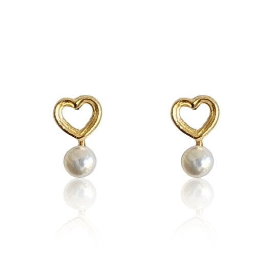 Aretes Corazón Silueta y Perla Mini, Oro 10K Tipo Broquel