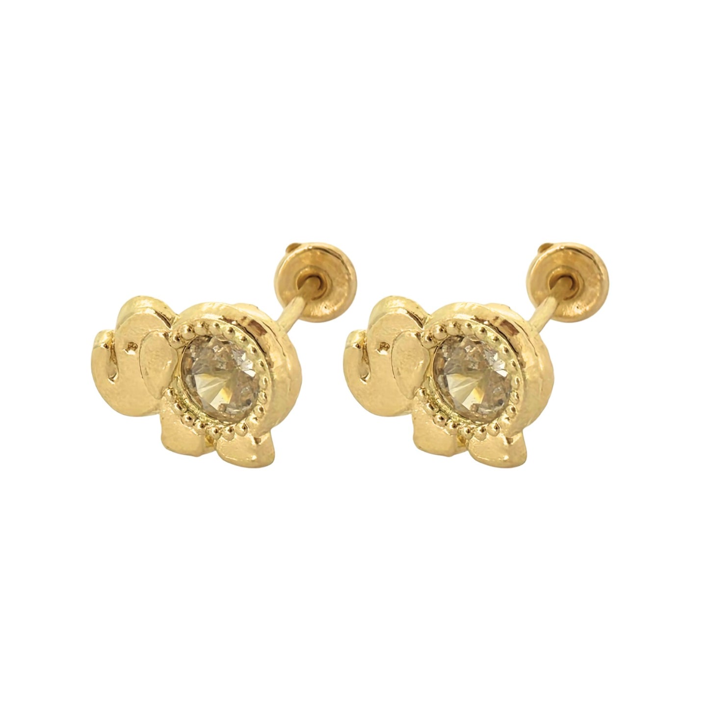 Aretes Oro 10K Broquel Elefante Zirconia