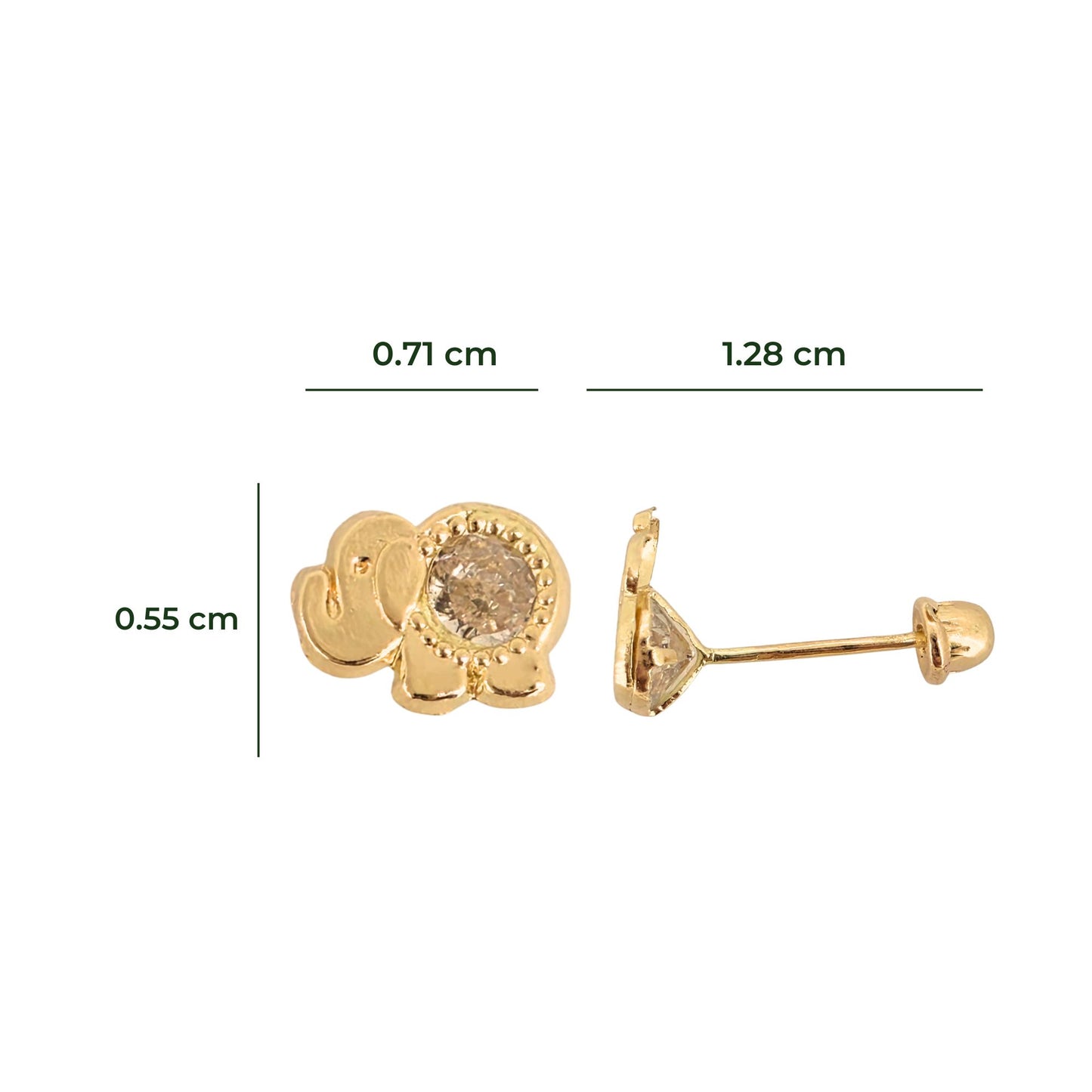 Aretes Oro 10K Broquel Elefante Zirconia